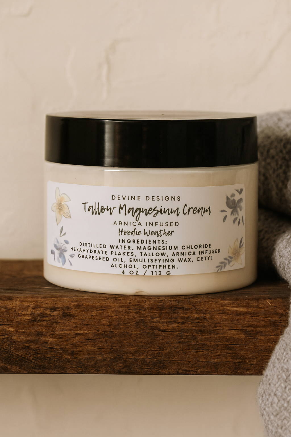 Tallow Magnesium Cream with Arnica Hoodie Weather 4oz jar